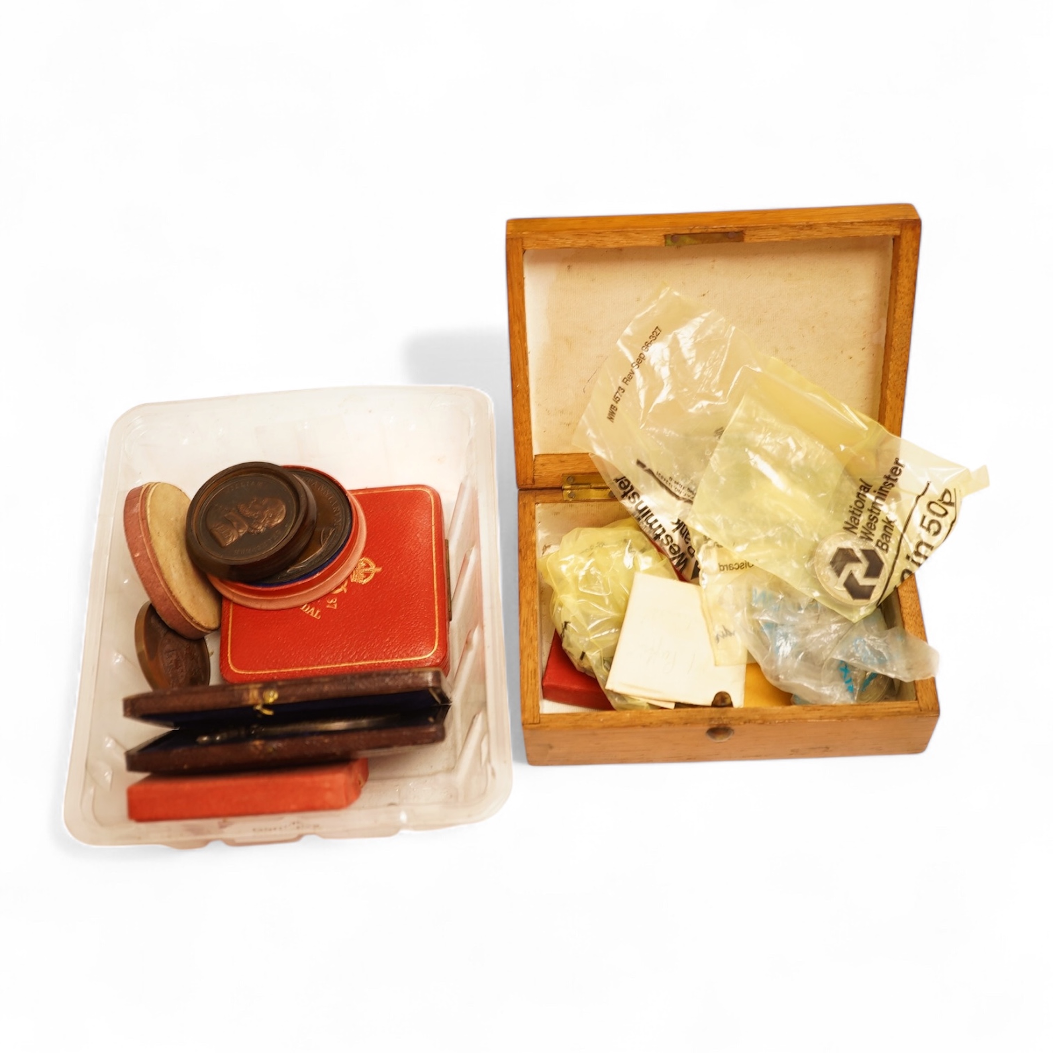 British Medals, to include George VI Matt Silver Coronation medal, cased, George V silver jubilee medal, boxed, Uppingham School silver medal for good work and unblemished character, cased and various coins etc.